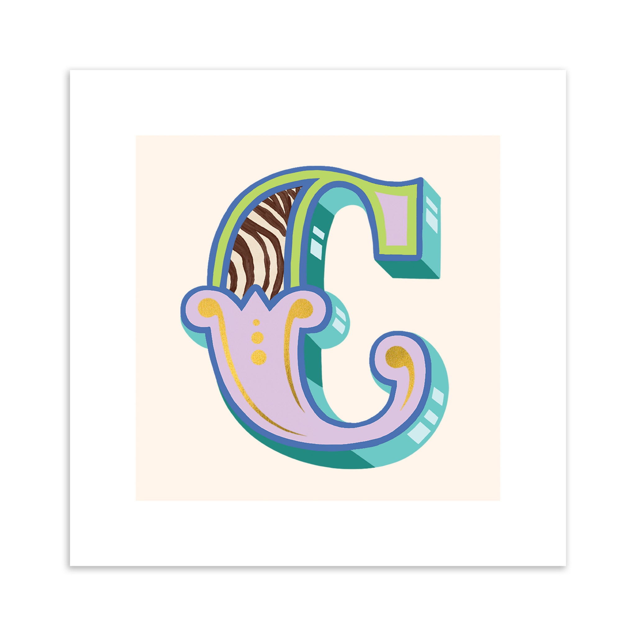 Colourful letter 'C' design on a beige background.