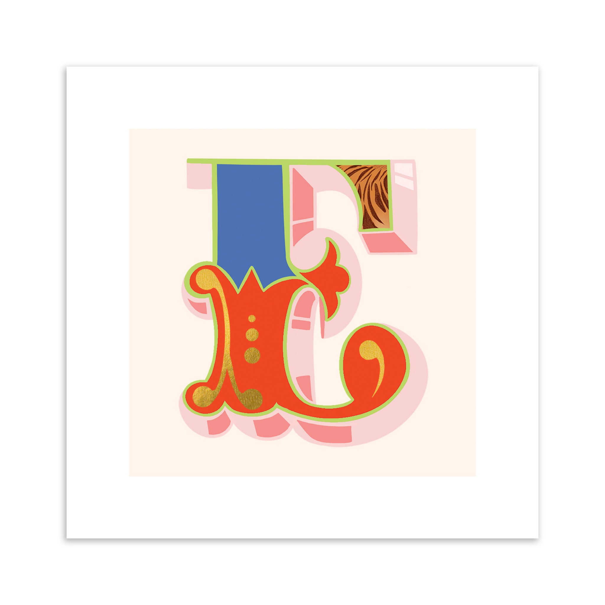 Colourful letter 'F' design on a light pink background.