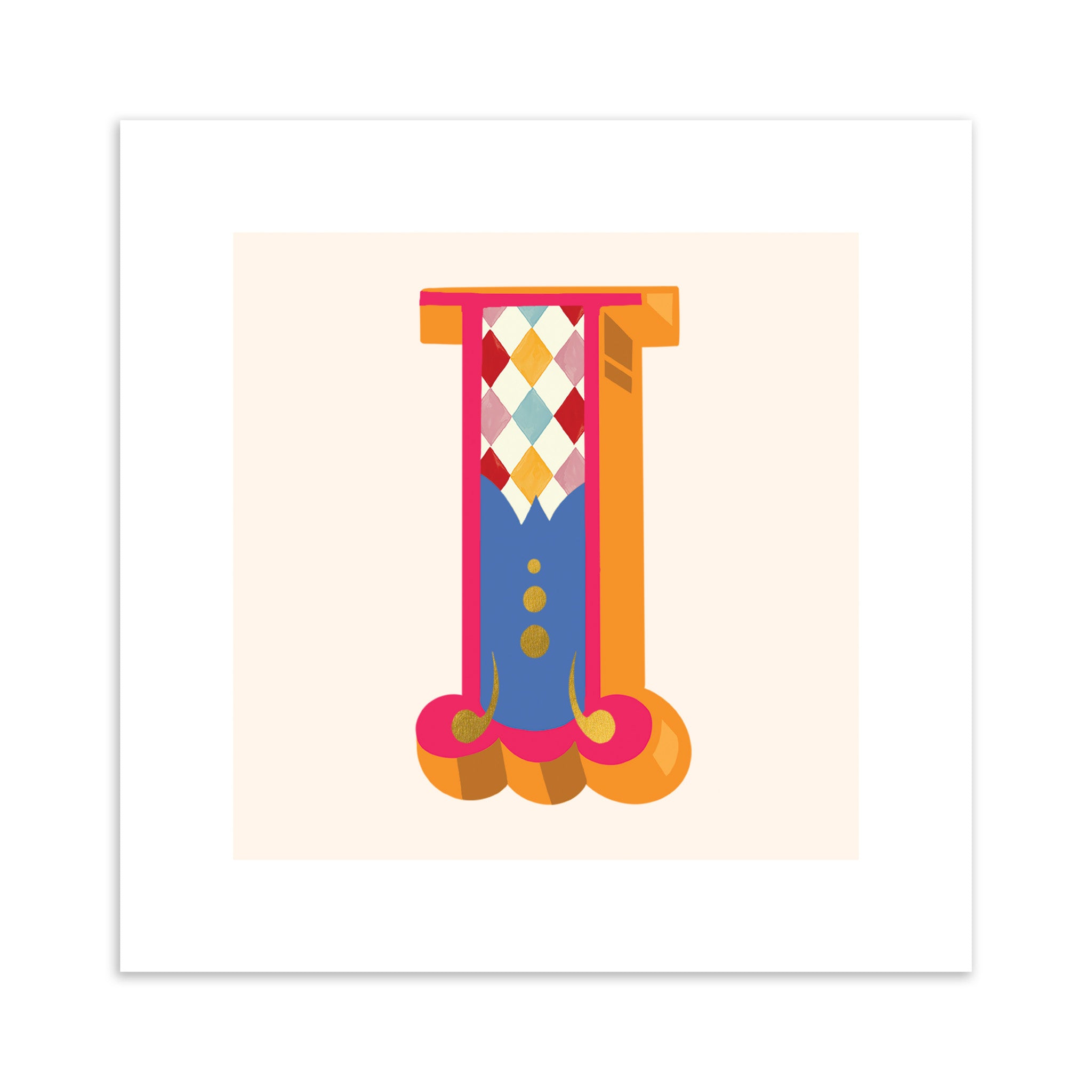 Colourful letter 'I' with a patterned design on a beige background.