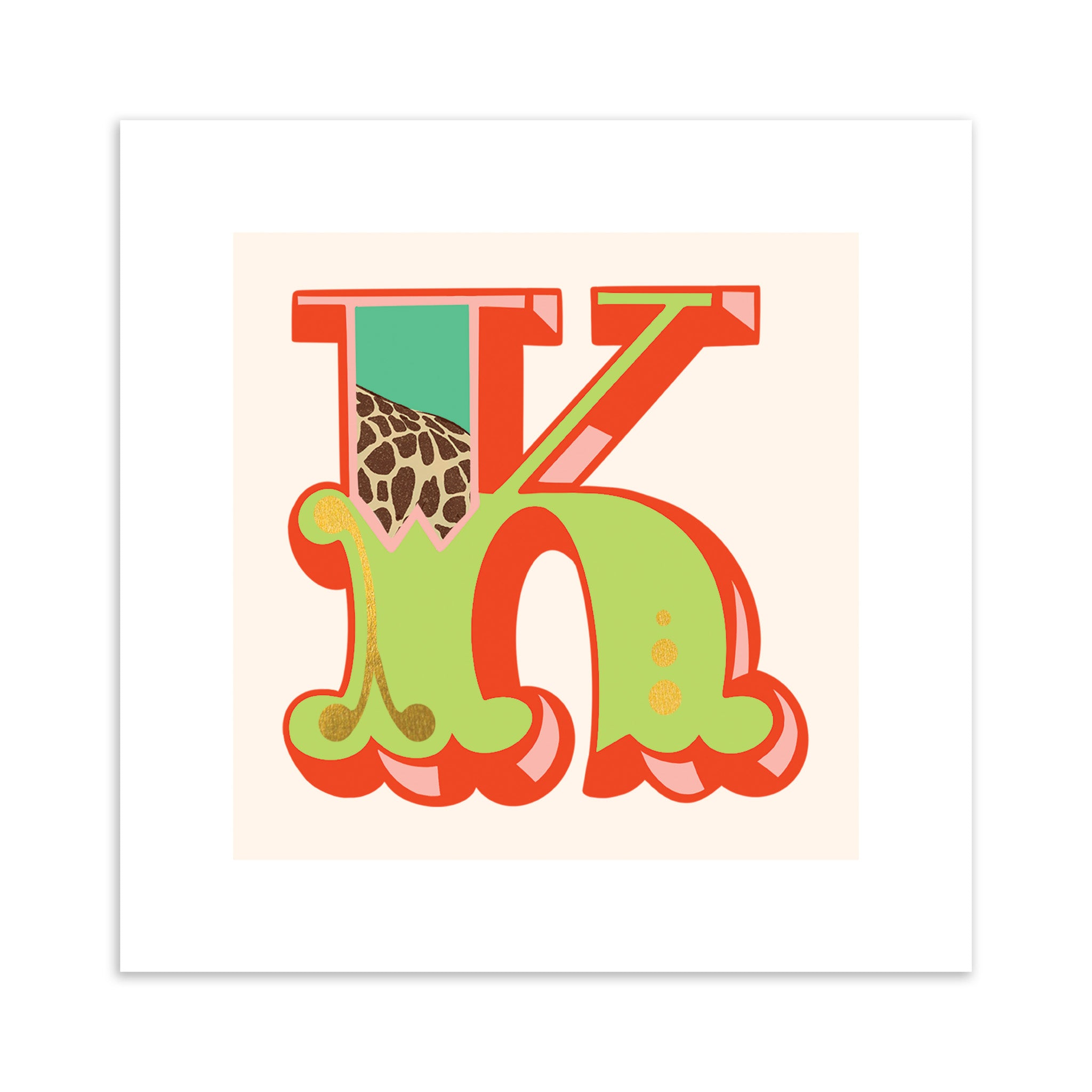 Colourful letter 'K' with a giraffe illustration on a white background.