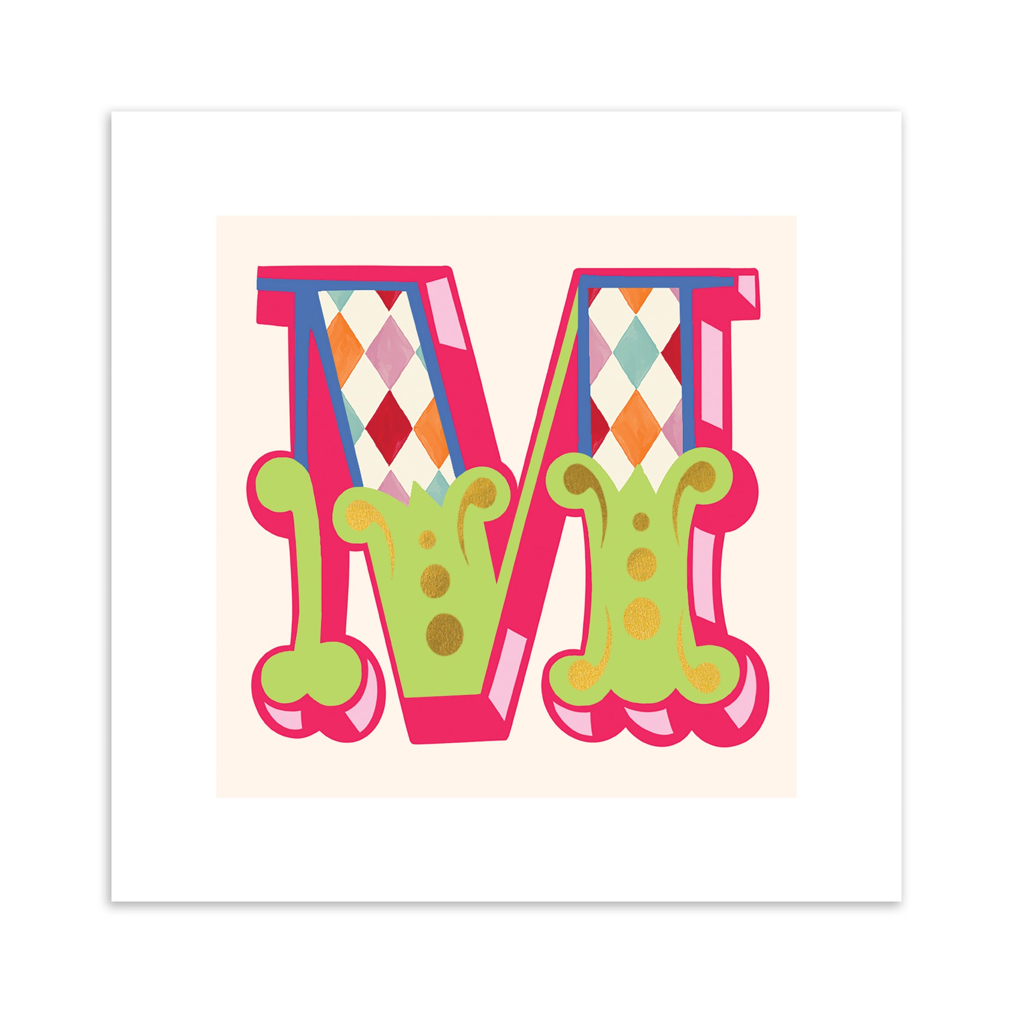 Colourful letter 'W' with geometric patterns on a white background.