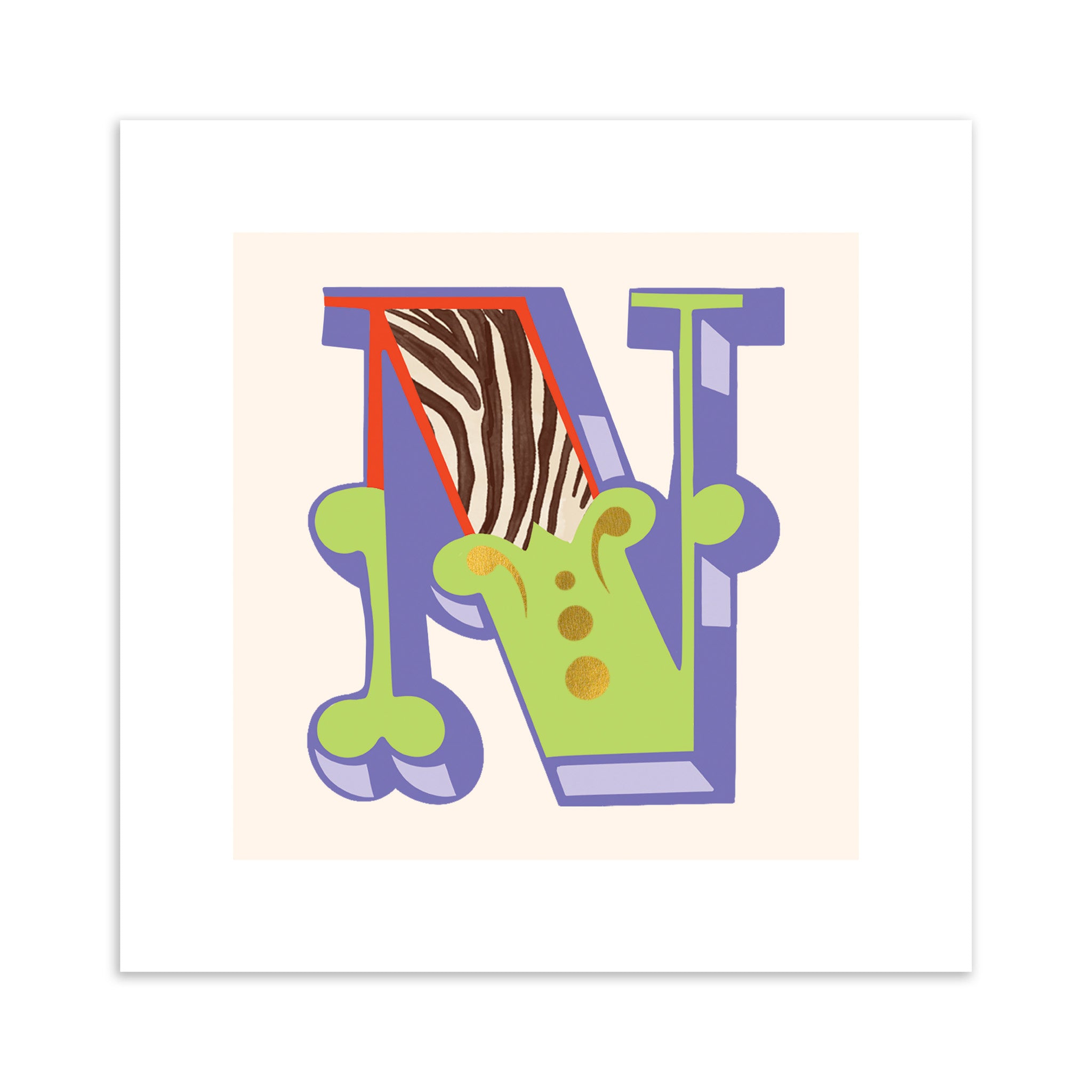 Colourful letter 'N' with zebra print and green accents on a beige background.