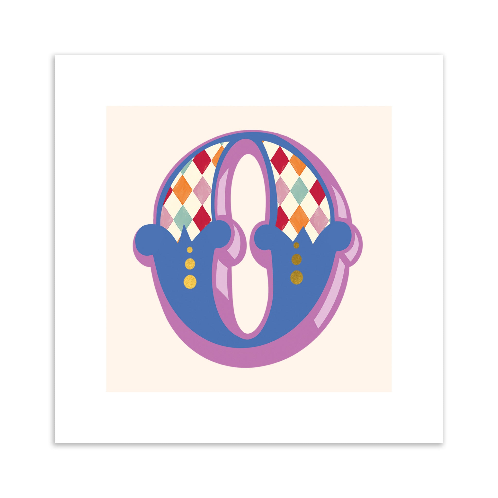 Colourful letter 'O' design with a patterned border on a beige background.