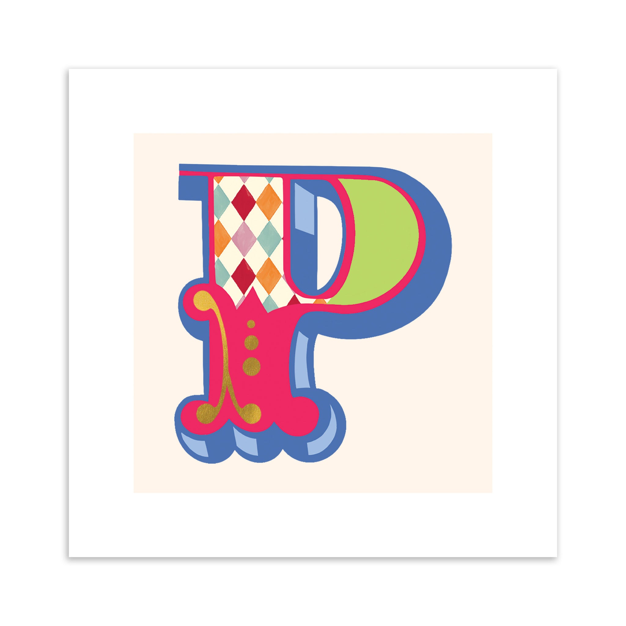 Colourful letter 'P' design on a beige background.