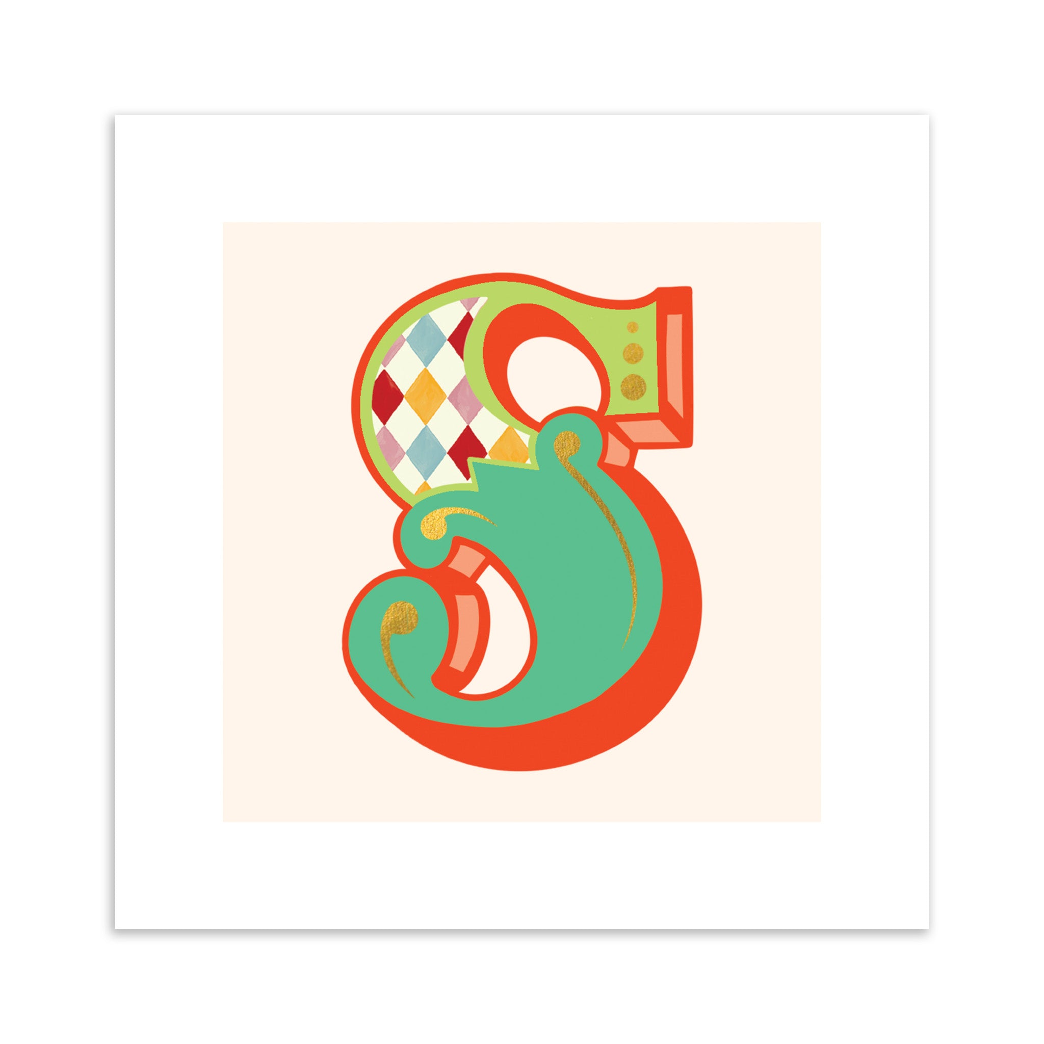 Colourful letter 'S' design on a beige background.