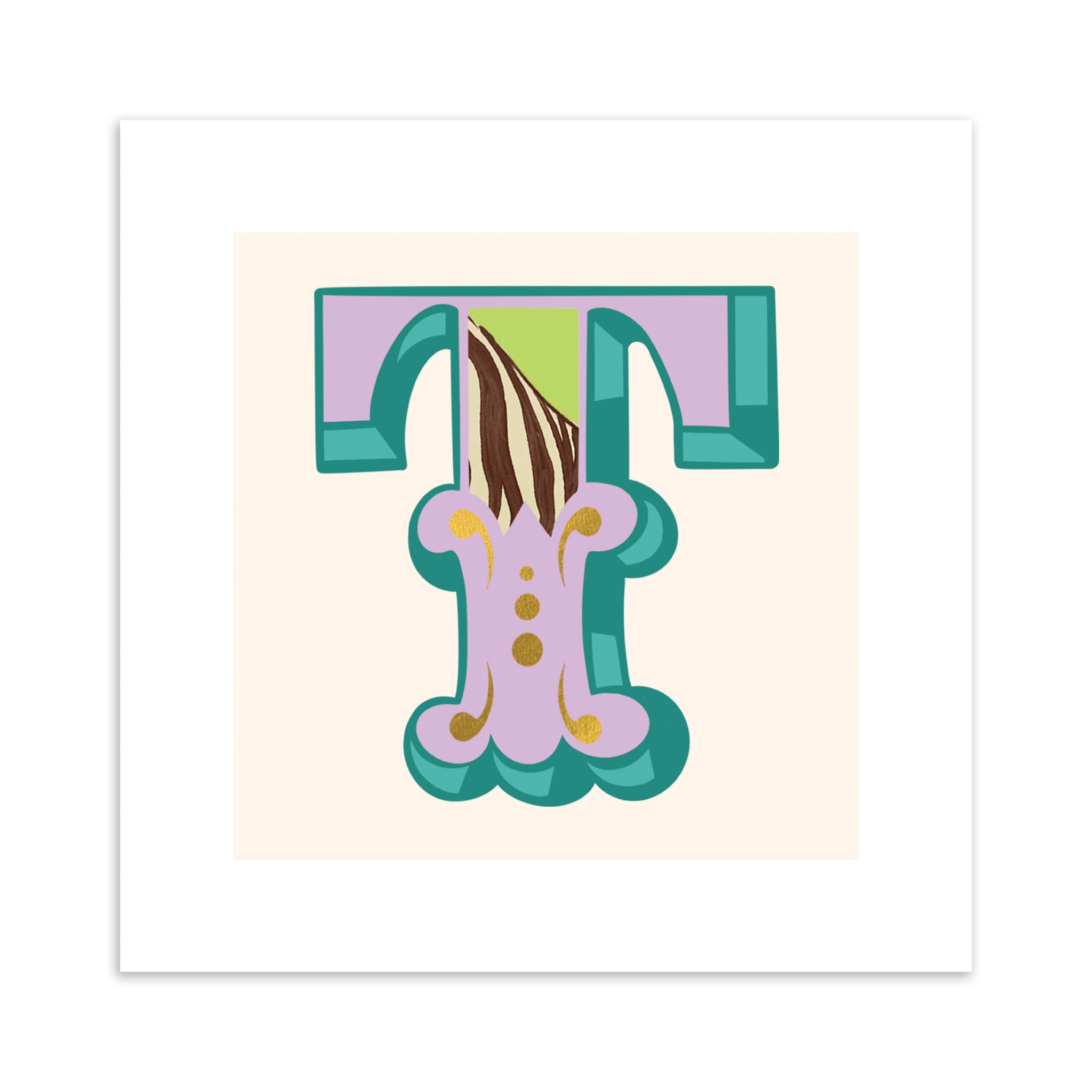 Colourful letter 'T' design on a beige background.