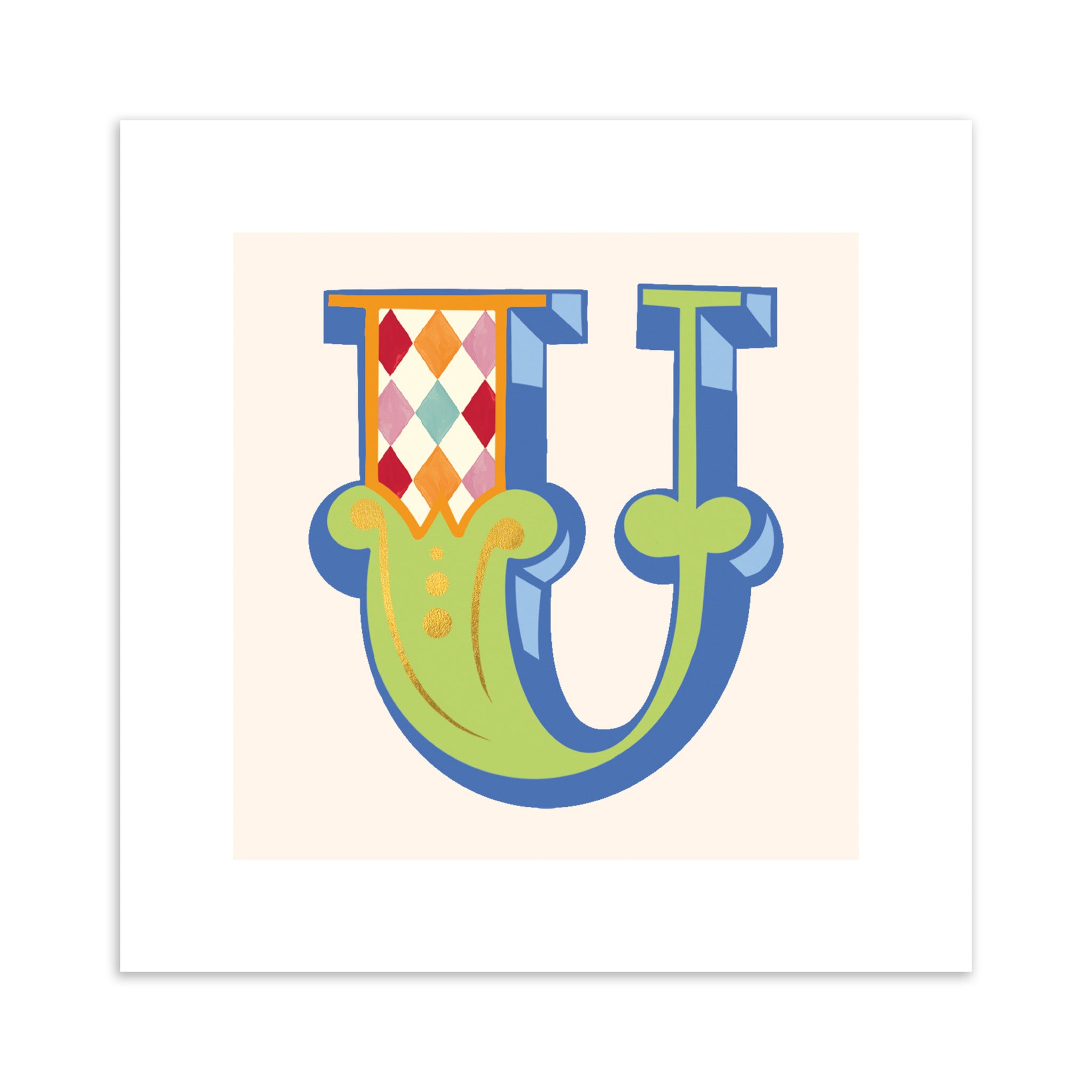 Colourful letter 'U' design on a beige background.
