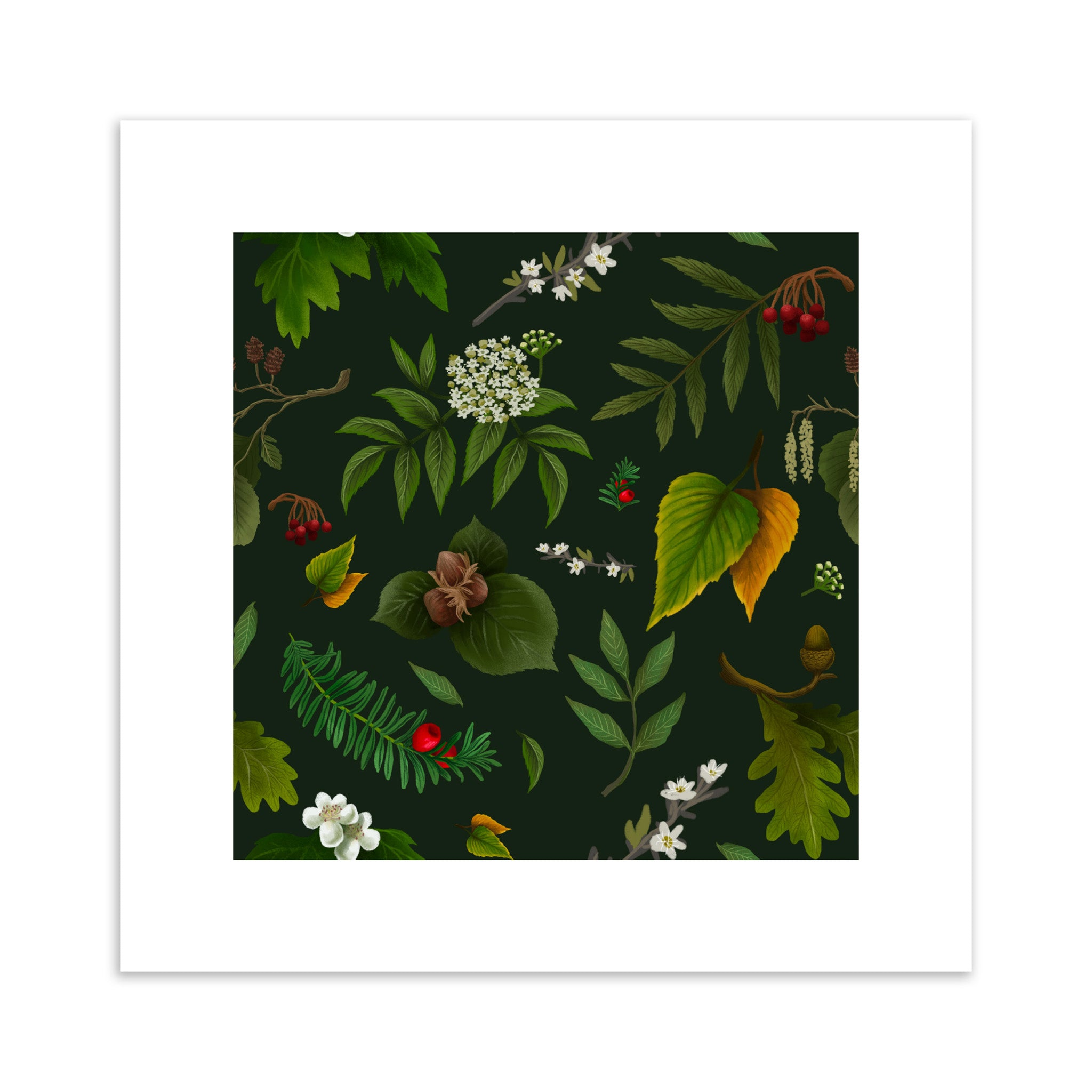 Art print featuring tree flowers and fruits on a green background.