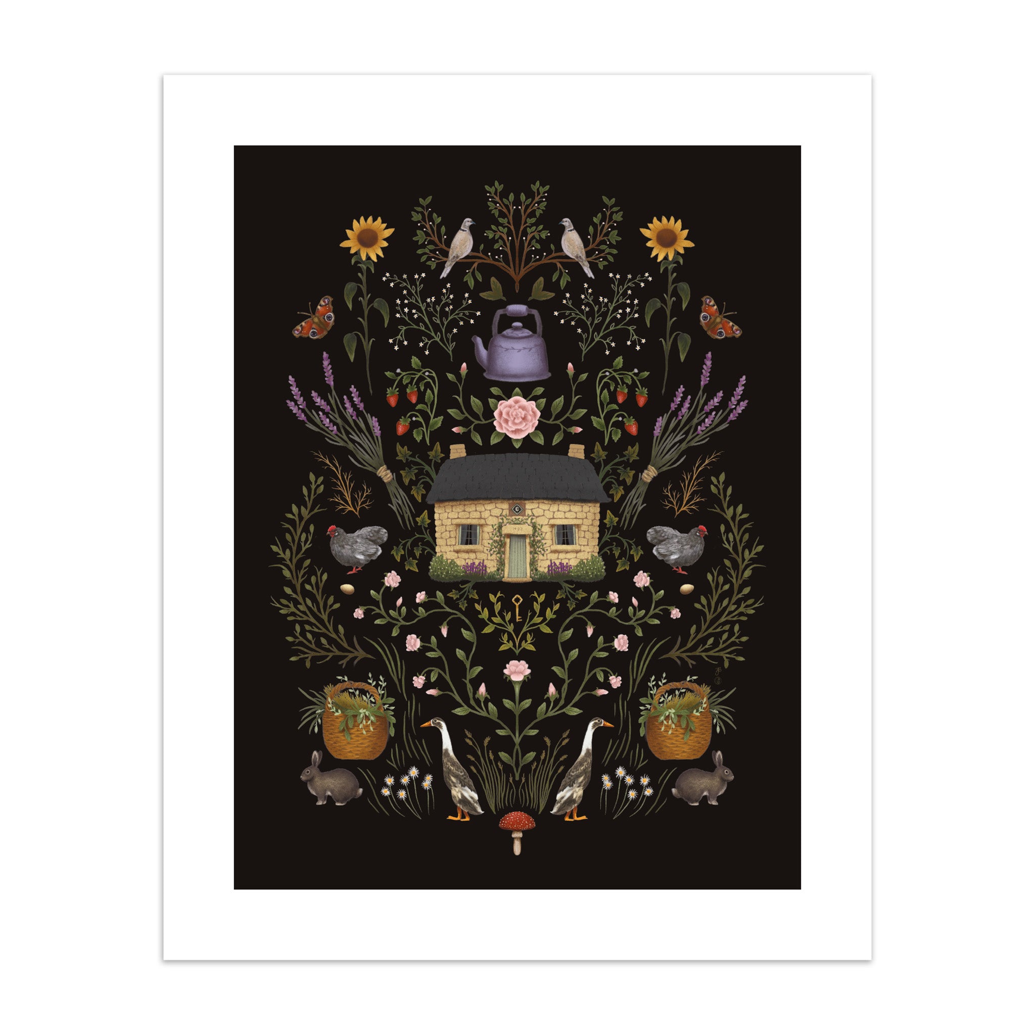 Art print featuring a cottage surrounded by botanicals and wildlife on a black background.