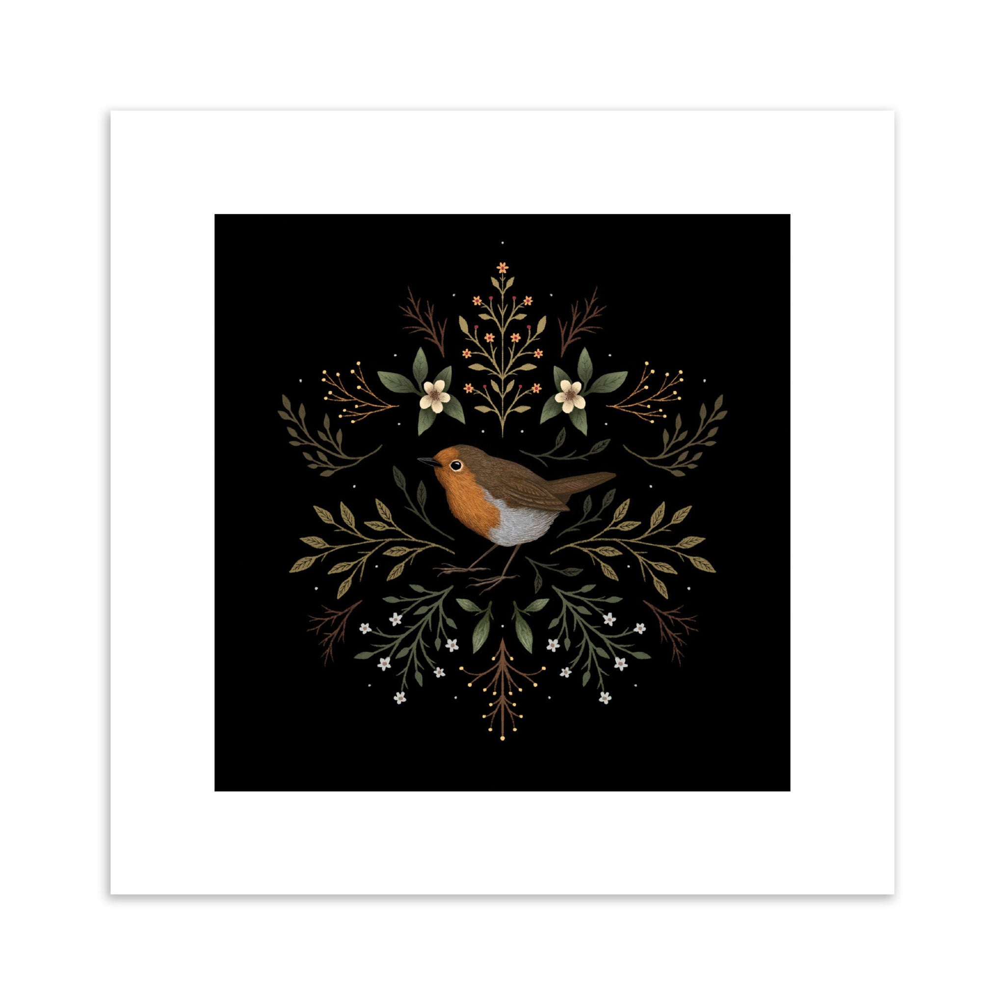 Art print featuring a British robin surrounded by botanicals on a black background.