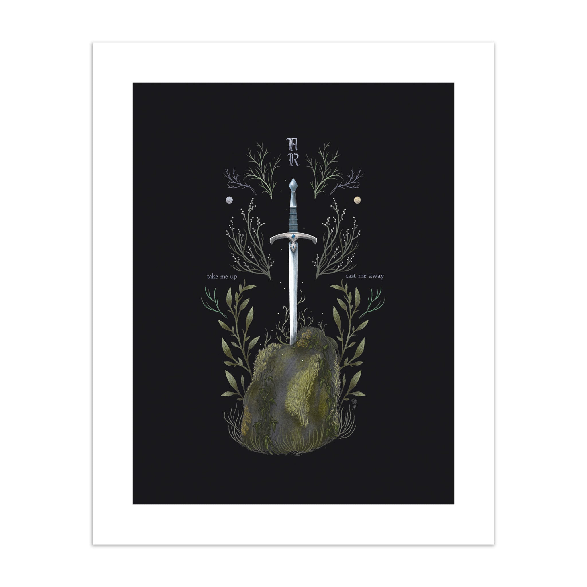 An art print featuring the sword Excalibur coming out of the stone surrounded by botanicals on a black background.
