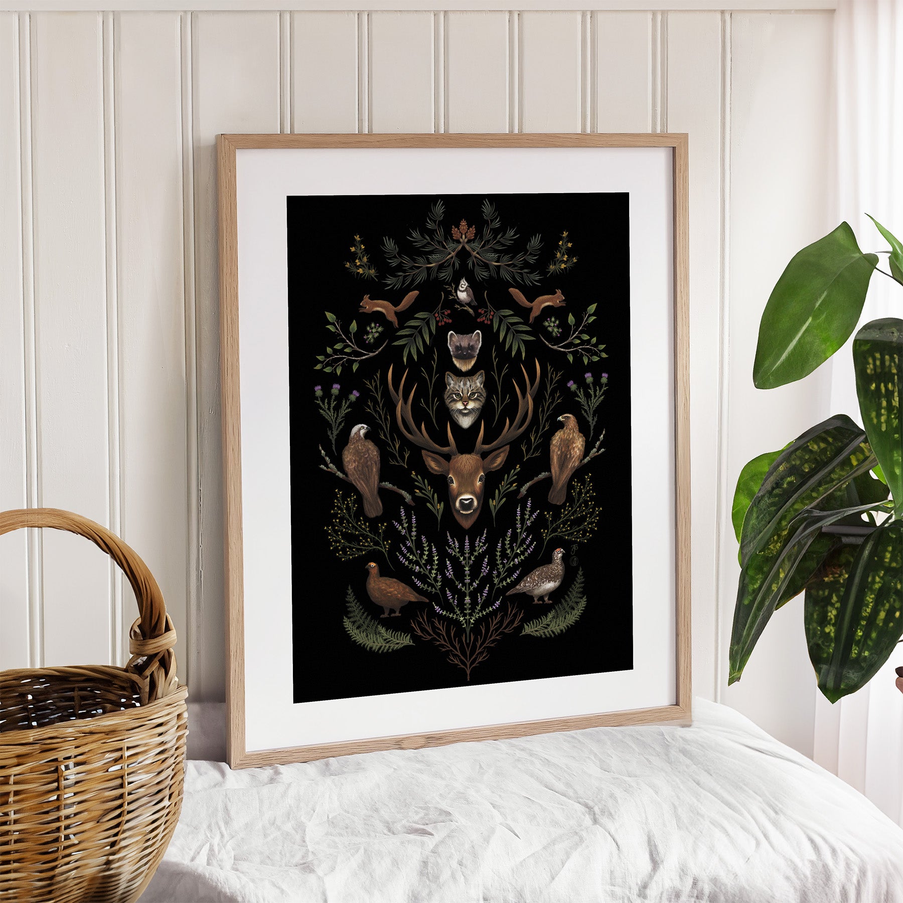 Framed art print featuring highland wildlife surrounded by botanicals on a black background. Print is leaning against a wall.